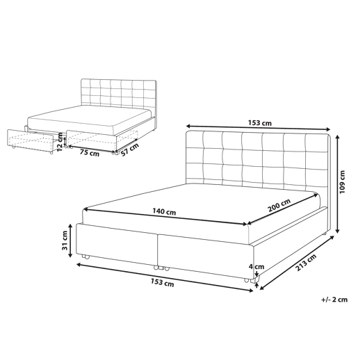 Cama com gavetas de arrumação Tecido LA ROCHELLE 140 x 200 cm Cinzento claro Cama com gavetas de arrumação Tecido LA ROCHELLE 140 x 200 cm Cinzento claro