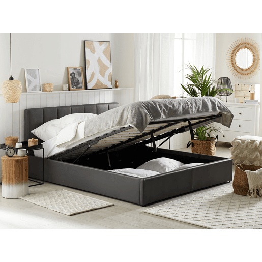 Cama baú Pele sintética DREUX 180 x 200 cm Cinzento escuro Cama baú Pele sintética DREUX 180 x 200 cm Cinzento escuro