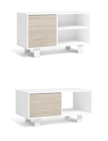 Conjunto Wind, Conjunto de móveis para sala de estarjantar composto por 1móvel TV100 e 1 mesa de café, cor Branco Carvalho, Pernas Brancas