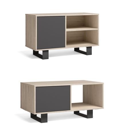 Set wind, conjunto de muebles de salón/comedor compuesto por 1mueble tv100 y 1 mesa de centro, color roble/gris, patas negras, mueble auxiliar.