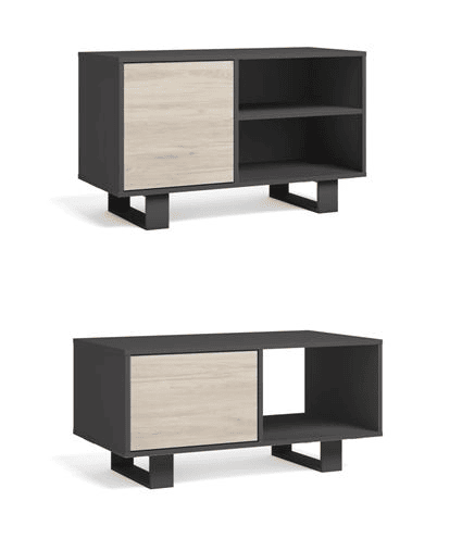 Conjunto Wind, Conjunto de móveis para sala de estarjantar composto por 1 Móvel TV100 e 1 Mesa de café, cor Cinza Carvalho, Pernas pretas Conjunto Wind, Conjunto de móveis para sala de estarjantar composto por 1 Móvel TV100 e 1 Mesa de café, cor Cinza Carvalho, Pernas pretas