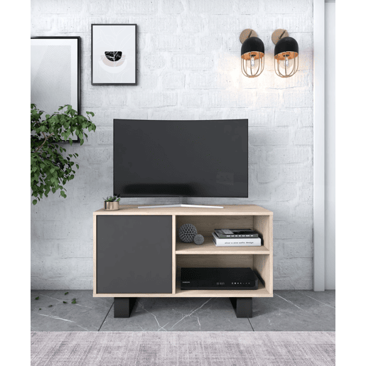 Conjunto Wind, Conjunto de móveis para sala de estarjantar composto por 1 Móvel TV100 e 1 Mesa de café, cor Cinza Carvalho, Pernas pretas Conjunto Wind, Conjunto de móveis para sala de estarjantar composto por 1 Móvel TV100 e 1 Mesa de café, cor Cinza Carvalho, Pernas pretas