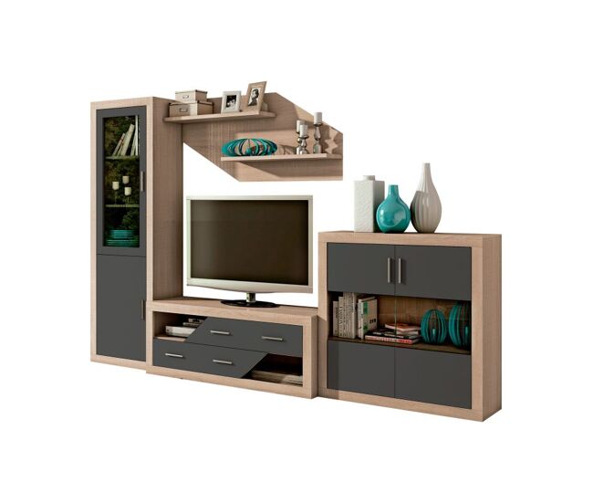 Salón modular con gran capacidad de almacenaje en cambria y grafito 300 cm nuka v10 cambria - grafito 300 x 193,2 x 41,4 cm
