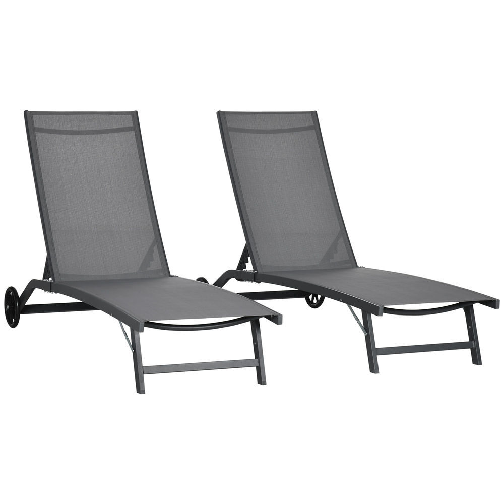 Outsunny pack de 2 tumbonas de jardín exterior tumbonas reclinables de aluminio con respaldo ajustable de 5 niveles y ruedas para playa piscina 165x66x102 cm gris oscuro