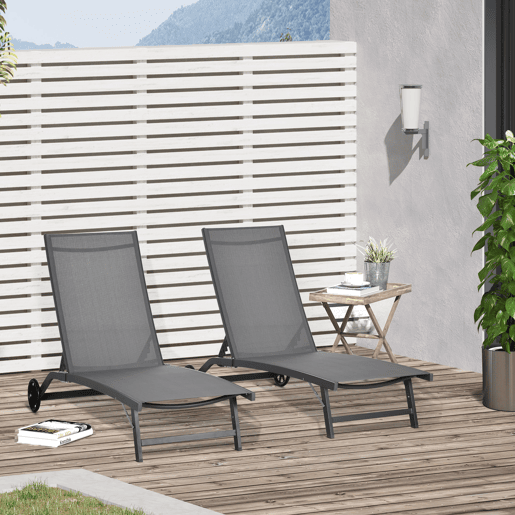Outsunny Conjunto de 2 Espreguiçadeiras Reclináveis de Jardim Espreguiçadeiras de Alumínio para Exterior com Encosto Ajustável em 5 Níveis e Rodas para Praia Piscina 165x66x102cm Cinza