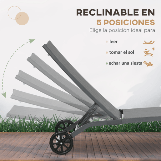 Outsunny Conjunto de 2 Espreguiçadeiras Reclináveis de Jardim Espreguiçadeiras de Alumínio para Exterior com Encosto Ajustável em 5 Níveis e Rodas para Praia Piscina 165x66x102cm Cinza
