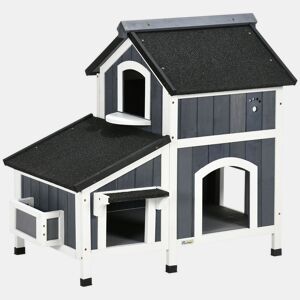PawHut Casa para Gatos de Madeira com Suporte para Flores 96x65x85,5 cm Casa para Gatos de 2 Níveis com Teto Asfáltico Janela e Múltiplas Entradas Cinza
