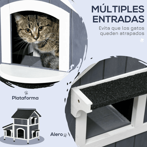 PawHut Casa para Gatos de Madeira com Suporte para Flores 96x65x85,5 cm Casa para Gatos de 2 Níveis com Teto Asfáltico Janela e Múltiplas Entradas Cinza
