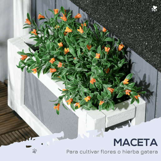 PawHut Casa para Gatos de Madeira com Suporte para Flores 96x65x85,5 cm Casa para Gatos de 2 Níveis com Teto Asfáltico Janela e Múltiplas Entradas Cinza