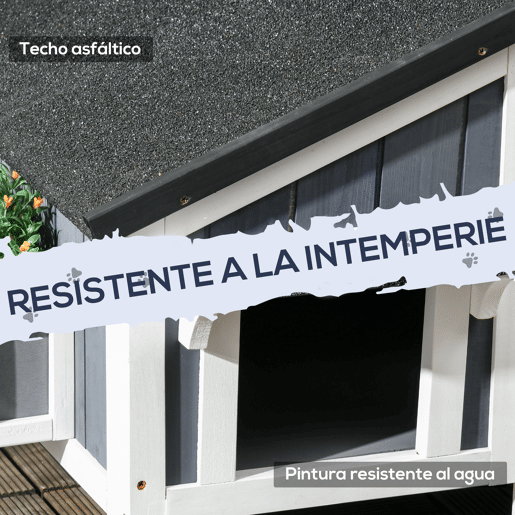 PawHut Casa para Gatos de Madeira com Suporte para Flores 96x65x85,5 cm Casa para Gatos de 2 Níveis com Teto Asfáltico Janela e Múltiplas Entradas Cinza