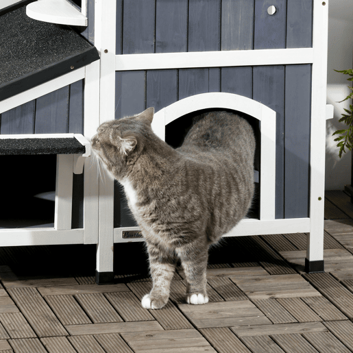PawHut Casa para Gatos de Madeira com Suporte para Flores 96x65x85,5 cm Casa para Gatos de 2 Níveis com Teto Asfáltico Janela e Múltiplas Entradas Cinza