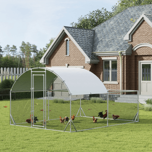 PawHut Galinheiro de Exterior Grande 380x280x195cm Gaiola para 10-12 Galinhas de Aço Galvanizado com 2 Ambientes Teto com Cobertura de Tecido e Cerca para Coelhos Patos Prata