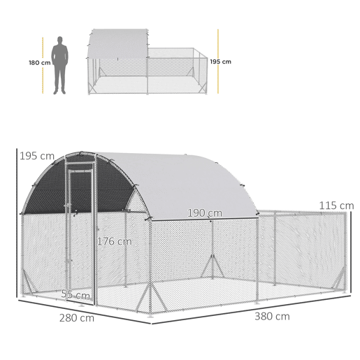 PawHut Galinheiro de Exterior Grande 380x280x195cm Gaiola para 10-12 Galinhas de Aço Galvanizado com 2 Ambientes Teto com Cobertura de Tecido e Cerca para Coelhos Patos Prata