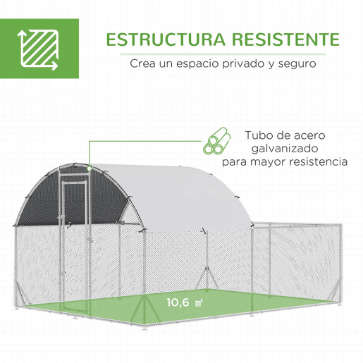PawHut Galinheiro de Exterior Grande 380x280x195cm Gaiola para 10-12 Galinhas de Aço Galvanizado com 2 Ambientes Teto com Cobertura de Tecido e Cerca para Coelhos Patos Prata