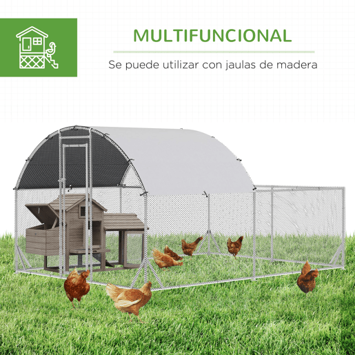 PawHut Galinheiro de Exterior Grande 380x280x195cm Gaiola para 10-12 Galinhas de Aço Galvanizado com 2 Ambientes Teto com Cobertura de Tecido e Cerca para Coelhos Patos Prata