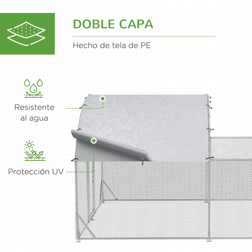 PawHut Galinheiro de Exterior Grande 380x280x195cm Gaiola para 10-12 Galinhas de Aço Galvanizado com 2 Ambientes Teto com Cobertura de Tecido e Cerca para Coelhos Patos Prata