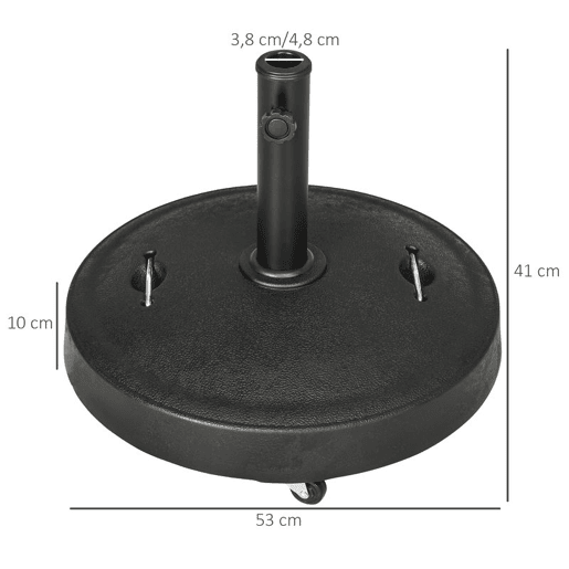 Outsunny Base Chapéu de Sol de Jardim em Resina de 25 kg com Rodas e Alça Retrátil Suporte para Guarda-Sol Quadrado para Mastros de Ø3848 mm para Jardim ou Pátio Ø53x41 cm Preto