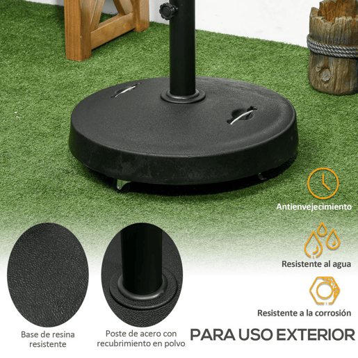 Outsunny Base Chapéu de Sol de Jardim em Resina de 25 kg com Rodas e Alça Retrátil Suporte para Guarda-Sol Quadrado para Mastros de Ø3848 mm para Jardim ou Pátio Ø53x41 cm Preto