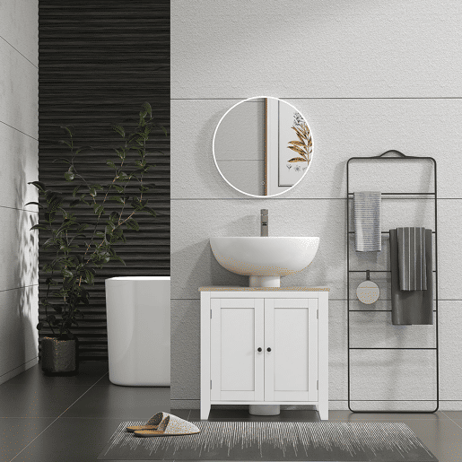 kleankin Móvel para Lavatório Pousar Armário para Casa de Banho com 2 Portas e Prateleira Ajustável Estilo Moderno 60x30x60cm Branco e Madeira