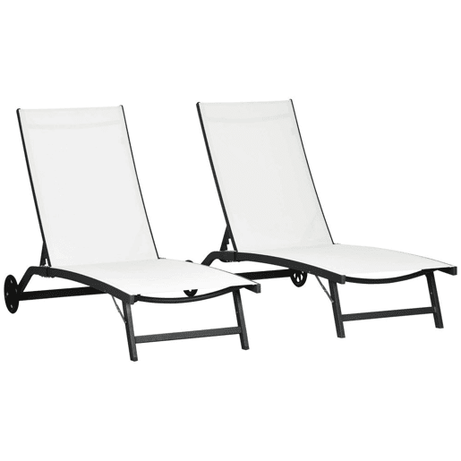 Outsunny Conjunto de 2 Espreguiçadeiras Reclináveis de Jardim Espreguiçadeiras de Alumínio para Exterior com Encosto Ajustável em 5 Níveis e Rodas para Praia Piscina 165x66x102cm Branco e Preto