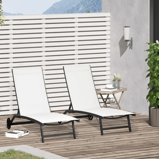 Outsunny Conjunto de 2 Espreguiçadeiras Reclináveis de Jardim Espreguiçadeiras de Alumínio para Exterior com Encosto Ajustável em 5 Níveis e Rodas para Praia Piscina 165x66x102cm Branco e Preto