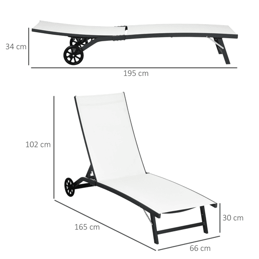Outsunny Conjunto de 2 Espreguiçadeiras Reclináveis de Jardim Espreguiçadeiras de Alumínio para Exterior com Encosto Ajustável em 5 Níveis e Rodas para Praia Piscina 165x66x102cm Branco e Preto
