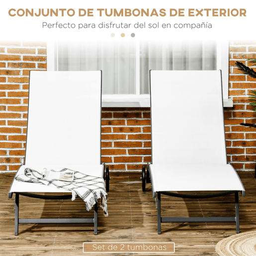 Outsunny Conjunto de 2 Espreguiçadeiras Reclináveis de Jardim Espreguiçadeiras de Alumínio para Exterior com Encosto Ajustável em 5 Níveis e Rodas para Praia Piscina 165x66x102cm Branco e Preto