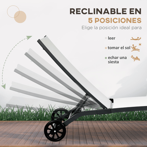 Outsunny Conjunto de 2 Espreguiçadeiras Reclináveis de Jardim Espreguiçadeiras de Alumínio para Exterior com Encosto Ajustável em 5 Níveis e Rodas para Praia Piscina 165x66x102cm Branco e Preto