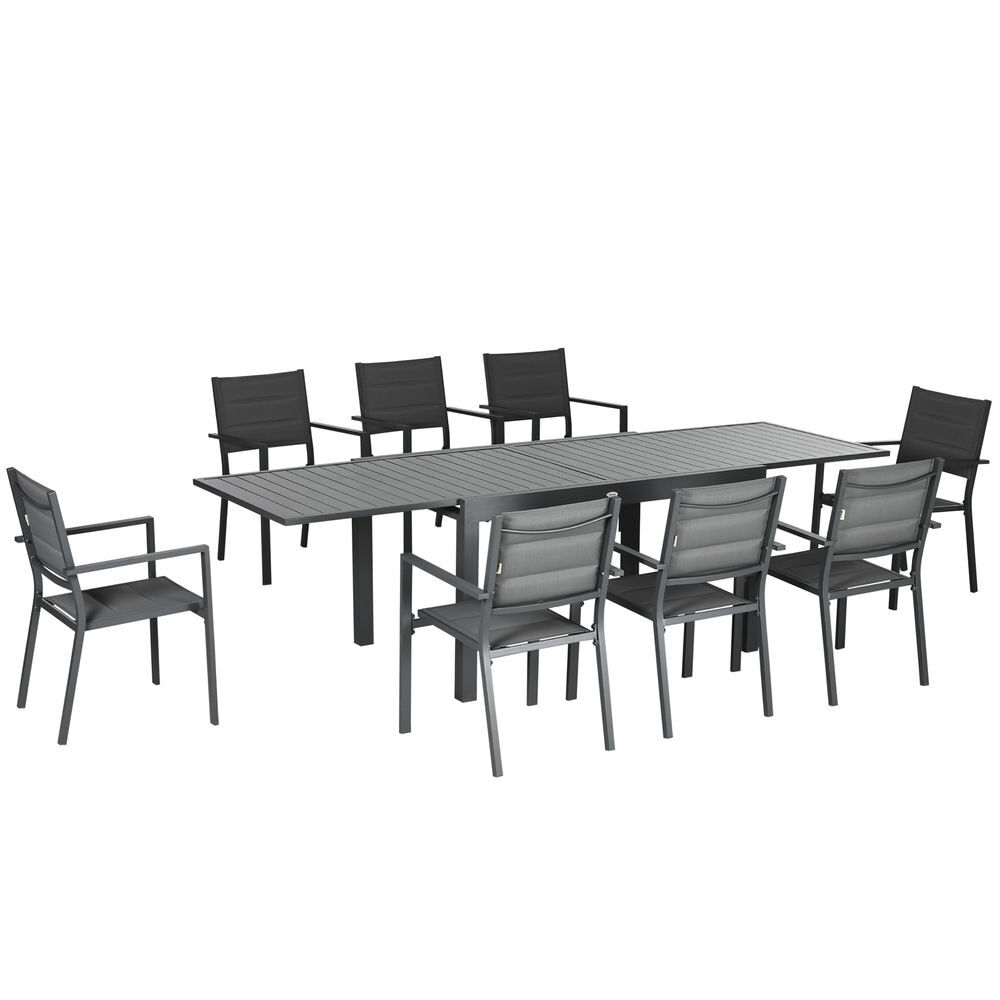 Outsunny conjunto de muebles de jardín de 9 piezas marco de aluminio juegos de comedor de jardín con mesa extensible y 8 sillas apilables para terraza patio gris