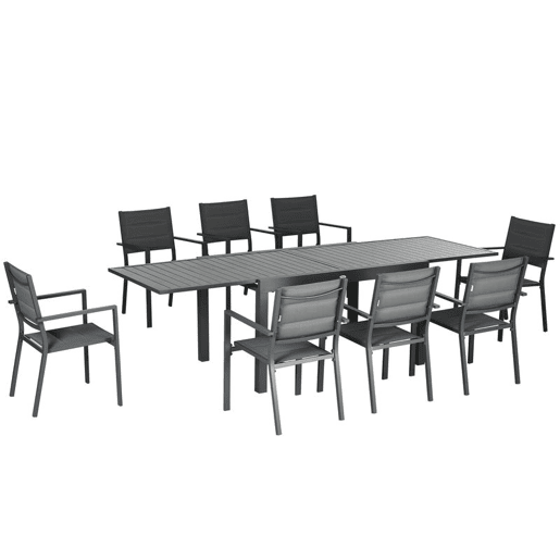 Outsunny Conjunto Móveis de Jardim 9 Peças Conjunto de Refeição para Varanda com Mesa Extensível 8 Cadeiras Empilháveis Estrutura de Alumínio e Assento de Textilene 135-270x89x74cm Cinza