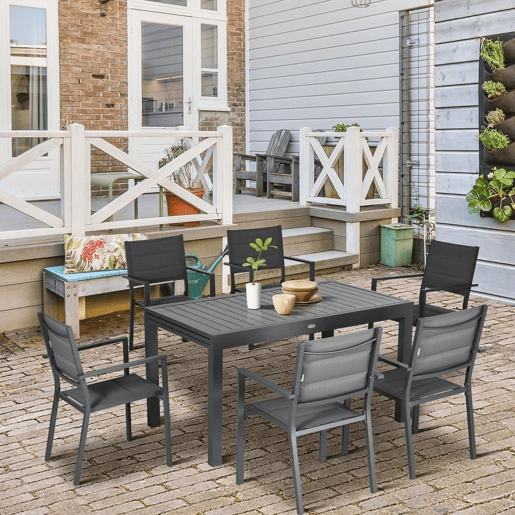 Outsunny Conjunto Móveis de Jardim 9 Peças Conjunto de Refeição para Varanda com Mesa Extensível 8 Cadeiras Empilháveis Estrutura de Alumínio e Assento de Textilene 135-270x89x74cm Cinza