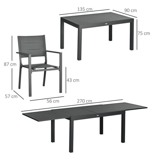 Outsunny Conjunto Móveis de Jardim 9 Peças Conjunto de Refeição para Varanda com Mesa Extensível 8 Cadeiras Empilháveis Estrutura de Alumínio e Assento de Textilene 135-270x89x74cm Cinza