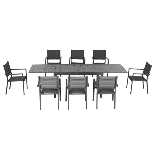 Outsunny Conjunto Móveis de Jardim 9 Peças Conjunto de Refeição para Varanda com Mesa Extensível 8 Cadeiras Empilháveis Estrutura de Alumínio e Assento de Textilene 135-270x89x74cm Cinza