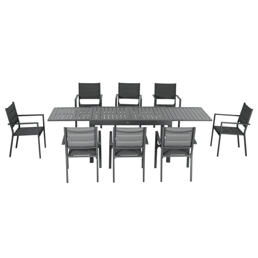 Outsunny Conjunto Móveis de Jardim 9 Peças Conjunto de Refeição para Varanda com Mesa Extensível 8 Cadeiras Empilháveis Estrutura de Alumínio e Assento de Textilene 135-270x89x74cm Cinza