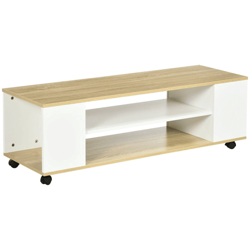 HOMCOM Móvel para TV com Rodas Armário para TV Flutuante com 2 Portas e 2 Prateleiras de Armazenamento para Televisores de até 55 Polegadas para Dormitório 120x40x38,5cm Branco e Madeira