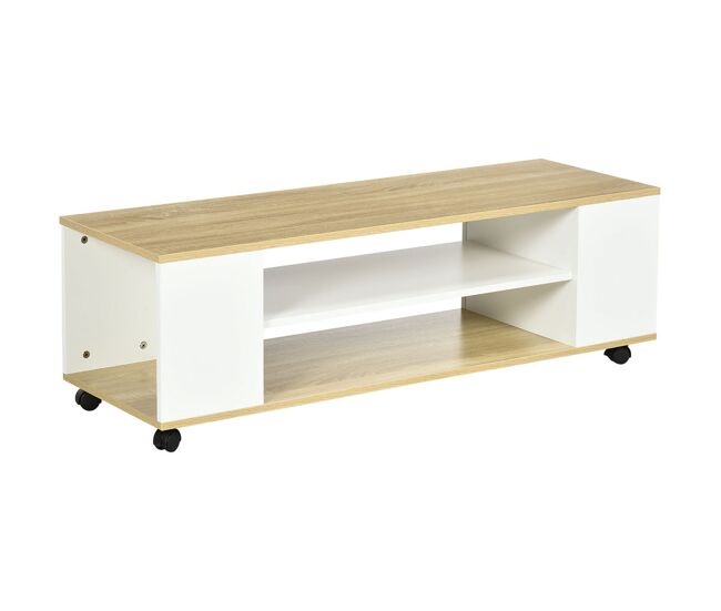 Homcom mueble de tv con ruedas, mesa de tv suspendido o de pie, para salón, con 4 estantes abiertos, para televisión de 55 pulgadas, estilo moderno, 120x40x38,5 cm, natural y blanco
