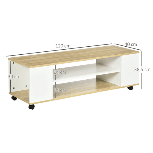 HOMCOM Móvel para TV com Rodas Armário para TV Flutuante com 2 Portas e 2 Prateleiras de Armazenamento para Televisores de até 55 Polegadas para Dormitório 120x40x38,5cm Branco e Madeira