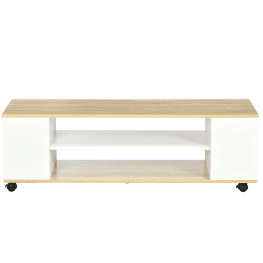 HOMCOM Móvel para TV com Rodas Armário para TV Flutuante com 2 Portas e 2 Prateleiras de Armazenamento para Televisores de até 55 Polegadas para Dormitório 120x40x38,5cm Branco e Madeira