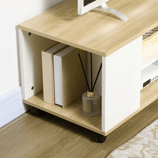 HOMCOM Móvel para TV com Rodas Armário para TV Flutuante com 2 Portas e 2 Prateleiras de Armazenamento para Televisores de até 55 Polegadas para Dormitório 120x40x38,5cm Branco e Madeira