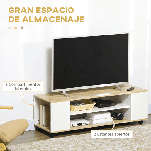 HOMCOM Móvel para TV com Rodas Armário para TV Flutuante com 2 Portas e 2 Prateleiras de Armazenamento para Televisores de até 55 Polegadas para Dormitório 120x40x38,5cm Branco e Madeira