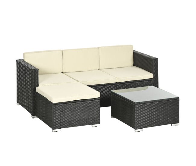 Outsunny conjunto de muebles de ratán de jardín 3 piezas muebles de ratán exterior sofá de 3 plazas con cojines acolchados mesa de centro con tablero de vidrio templado y reposapiés anti-uv negro