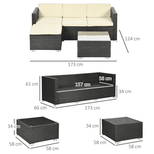 Outsunny Conjunto de Móveis de Vime de Jardim 3 Peças Conjunto de Móveis de Vime Exterior Sofá de 3 Lugares com Almofadas Acolchoadas Mesa de Centro com Bancada de Vidro Temperado e Banco Preto e Bege