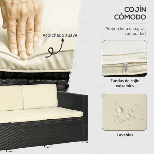 Outsunny Conjunto de Móveis de Vime de Jardim 3 Peças Conjunto de Móveis de Vime Exterior Sofá de 3 Lugares com Almofadas Acolchoadas Mesa de Centro com Bancada de Vidro Temperado e Banco Preto e Bege