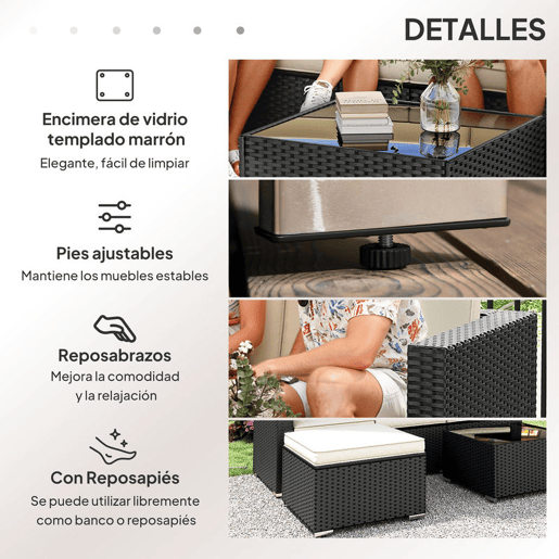 Outsunny Conjunto de Móveis de Vime de Jardim 3 Peças Conjunto de Móveis de Vime Exterior Sofá de 3 Lugares com Almofadas Acolchoadas Mesa de Centro com Bancada de Vidro Temperado e Banco Preto e Bege