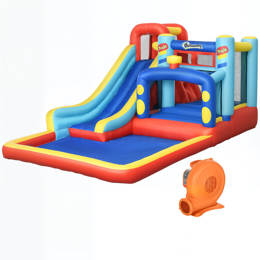 Outsunny castillo hinchable para niños de 3-8 años 4 en 1 castillo inflable con soplador parque acuático con tobogán zona de salto escalada piscina bolsa de transporte 435x245x200 cm multicolor