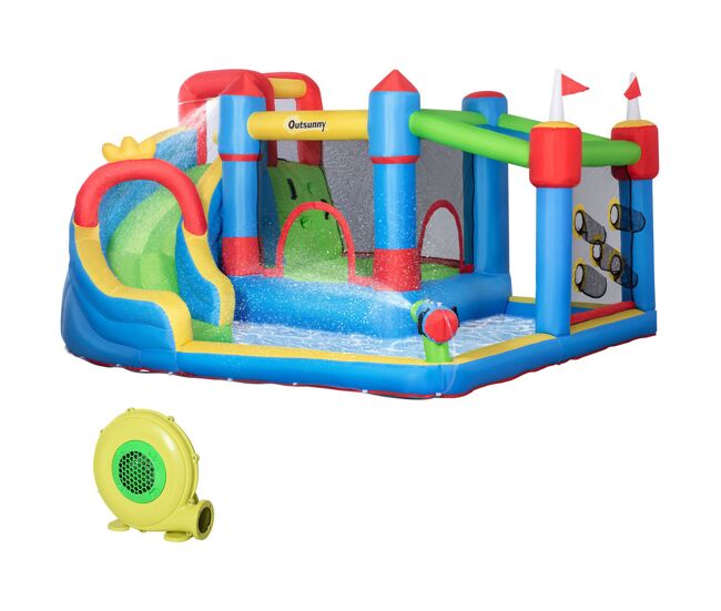 Outsunny castillo hinchable para niños grande castillo inflable infantil con tobogán cama de salto piscina muro de escalada inflador y bolsa de transporte 390x300x197 cm multicolor
