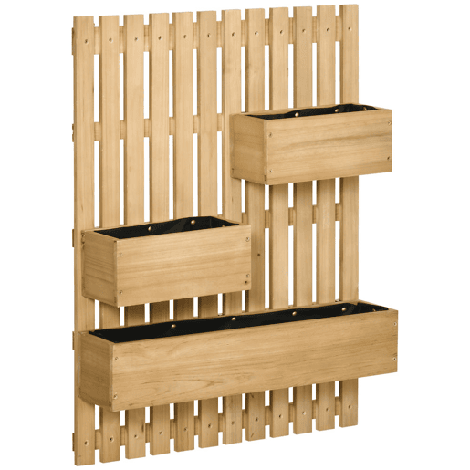 Outsunny Floreira de Parede com Treliça, Floreira Grande de Madeira com 3 Vasos Móveis e Orifício de Drenagem, para Exterior, Jardim, Terraço, Pátio, 60x16x80 cm, Natural