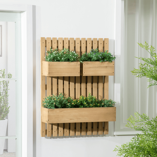 Outsunny Floreira de Parede com Treliça, Floreira Grande de Madeira com 3 Vasos Móveis e Orifício de Drenagem, para Exterior, Jardim, Terraço, Pátio, 60x16x80 cm, Natural
