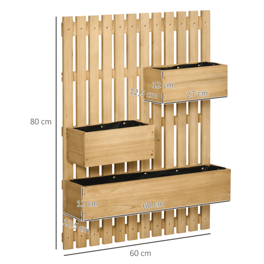 Outsunny Floreira de Parede com Treliça, Floreira Grande de Madeira com 3 Vasos Móveis e Orifício de Drenagem, para Exterior, Jardim, Terraço, Pátio, 60x16x80 cm, Natural