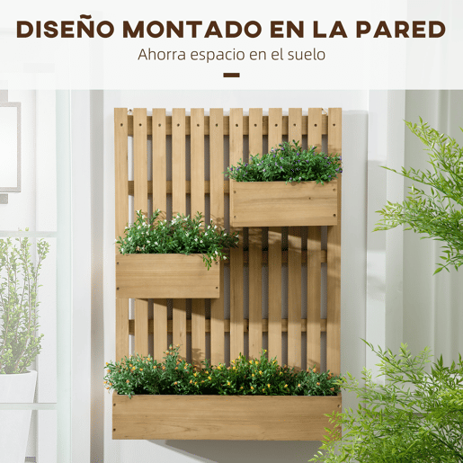 Outsunny Floreira de Parede com Treliça, Floreira Grande de Madeira com 3 Vasos Móveis e Orifício de Drenagem, para Exterior, Jardim, Terraço, Pátio, 60x16x80 cm, Natural